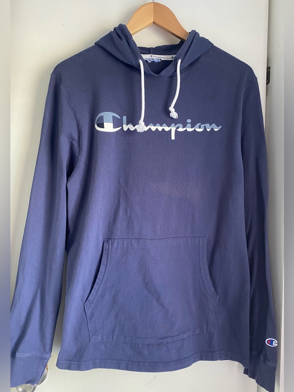 Champion Men’s S Blue Pullover Hoodie Knit Cotton Logo Kangaroo Pocket